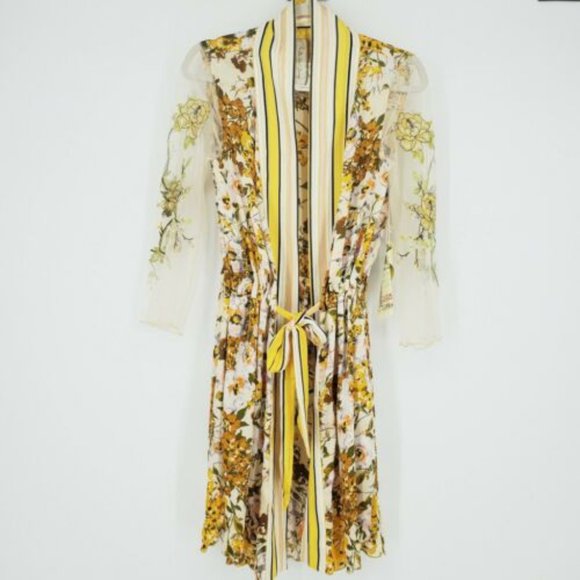 NWT Anthropologie Aratta Yellow Kimono Sheer Floral Size L Silent Journey - Picture 2 of 7